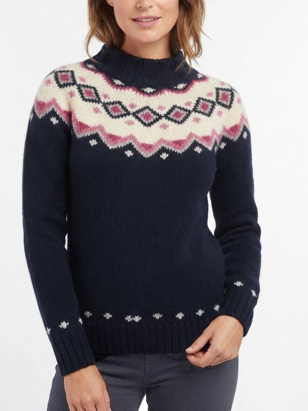 Vintage St Michael Fair Isle Wool Blend Sweater Pullover Navy Blue Pink Small S